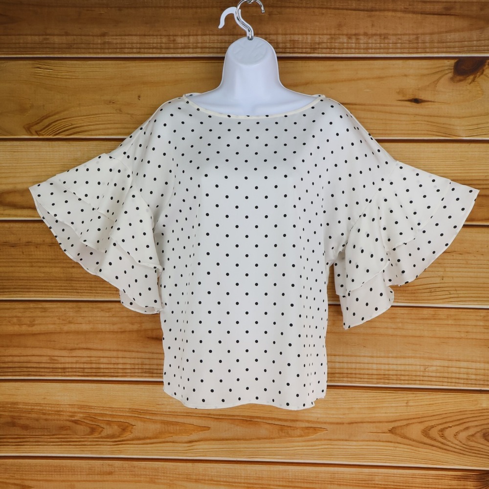 H&M Blouse Shirt Womens Sz 6 White Polka Dot 100% Polyester Sheer Flared Sleeve